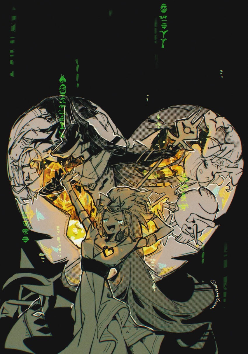 2boys, 2girls, ancient_egyptian_clothes, burnt_cheese_cookie, cookie_run, cookie_run:_kingdom, golden_cheese_cookie, heart