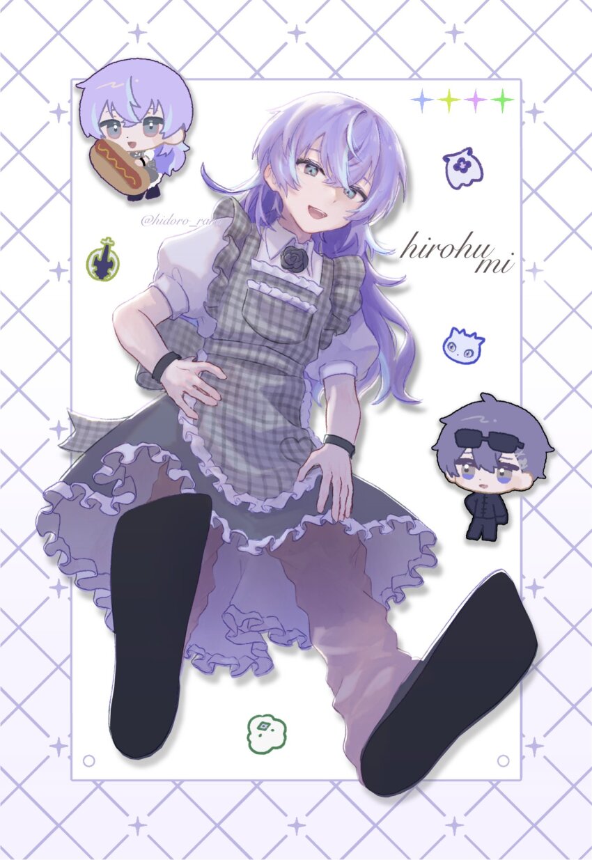 2boys, :d, apron, back_bow, black_flower, black_gloves, black_pants, black_rose