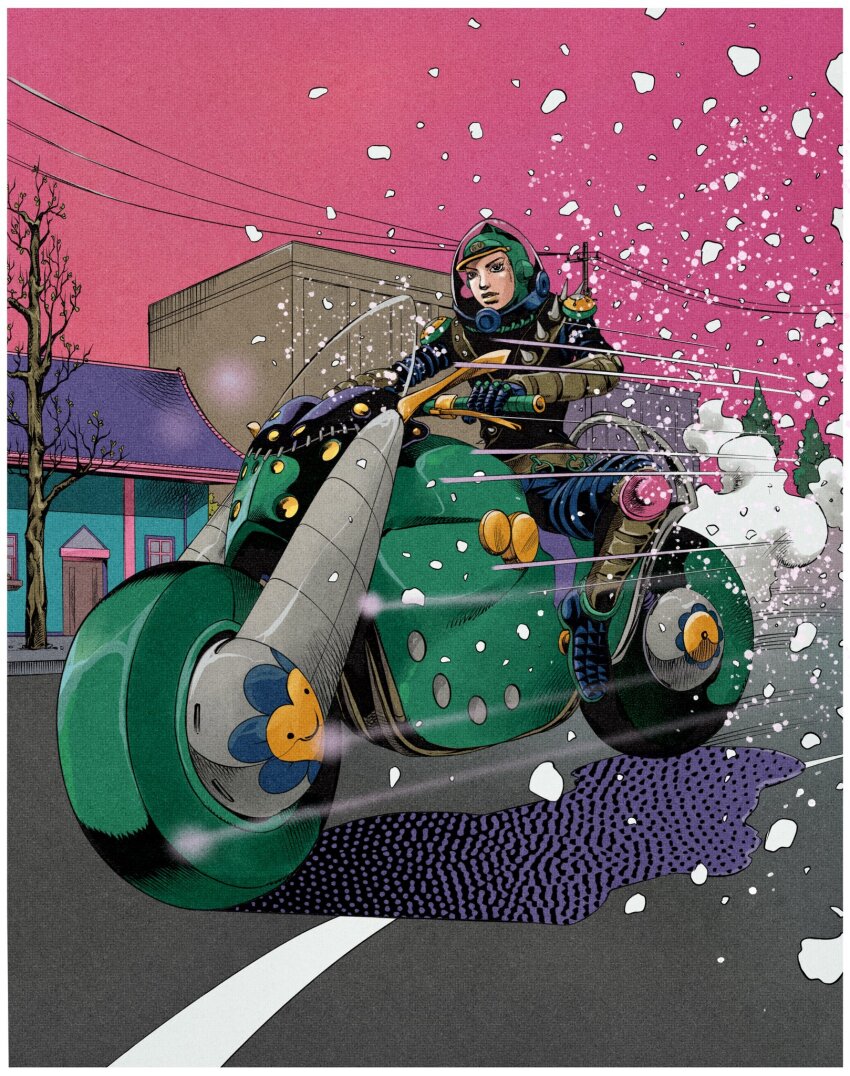 1girl, 1other, ark_nemesis, black_boots, black_gloves, boots, born_this_way_(stand), city