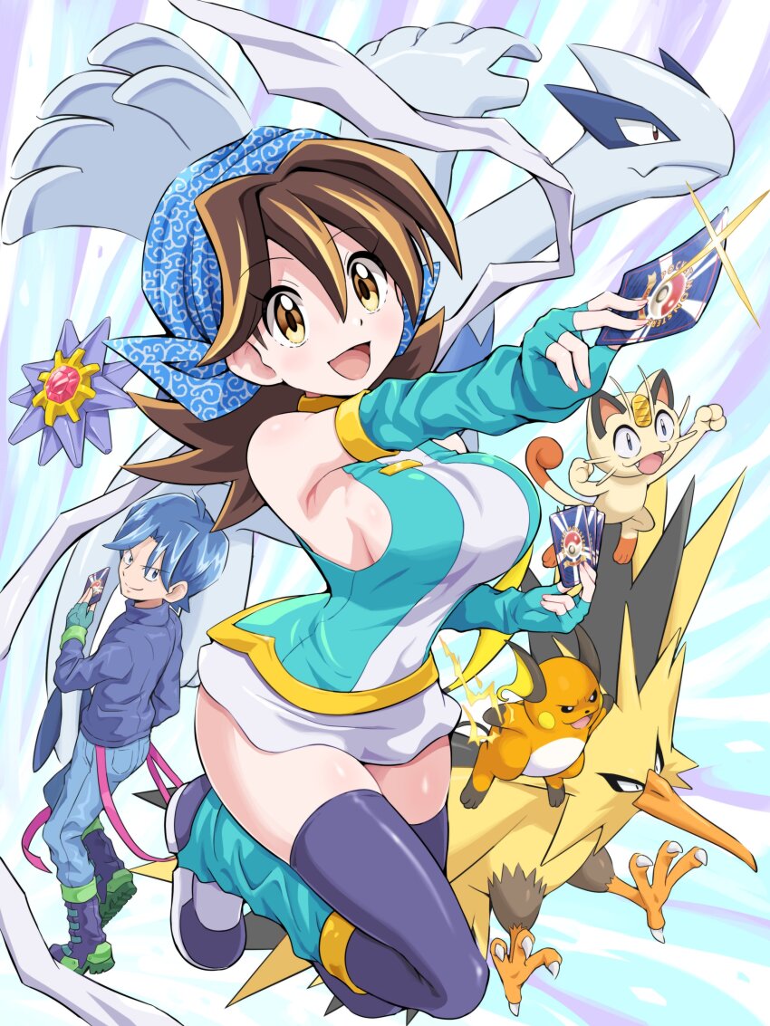absurdres, bandana, breasts, denim, detached_sleeves, fingerless_gloves, gen_1_pokemon, gen_2_pokemon, gloves, highres, jeans, large_breasts, legendary_pokemon, lugia, meowth, mint_(pokemon), nintendo, pants, pokemoa, pokemon, pokemon_(creature), pokemon_card, pokemon_tcg, pokemon_tcg_gb, raichu, ronald_(pokemon), shirt, starmie, thighhighs, zapdos