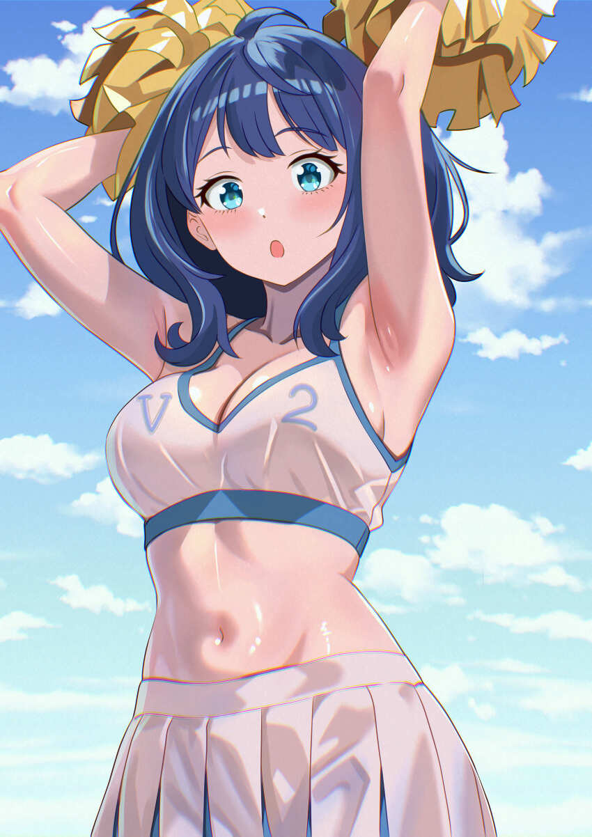 1girl, :o, absurdres, ahoge, alternate_costume, armpits, arms_up, blue_eyes