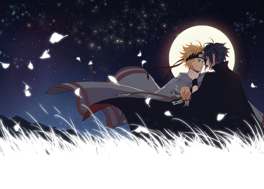 2boys, black_hair, blonde_hair, blue_eyes, cape, cloak, flower, forehead_protector