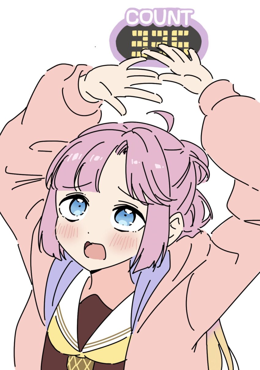 1girl, ahoge, anyoji_hime, anyoji_hime_(kaikou_no_butoukai), arms_up, blonde_hair, blue_eyes, blunt_bangs