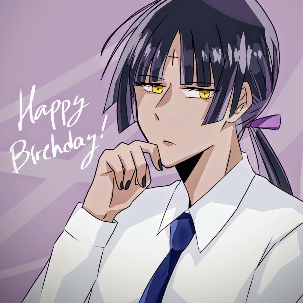 1girl, black_hair, black_nails, blue_necktie, collared_shirt, d.gray-man, dress_shirt, hair_ribbon, hand_on_own_chin, happy_birthday, long_hair, looking_at_viewer, low_ponytail, lulu_bell, mature_female, necktie, noah_(d.gray-man), ponytail, purple_background, purple_ribbon, raia_(pomq_1357), ribbon, shirt, sidelocks, solo, striped_background, white_shirt, yellow_eyes