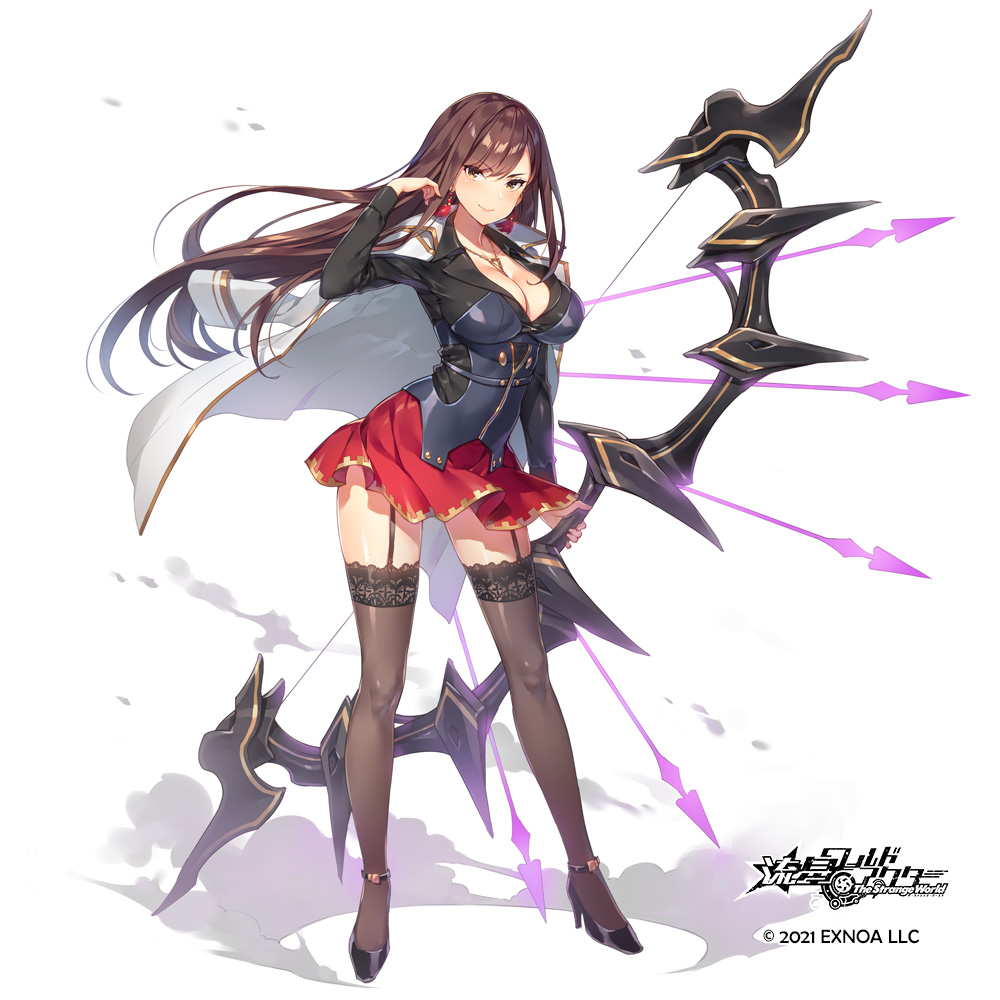 1girl, armor, arrow_(projectile), black_jacket, bow_(weapon), breasts, brown_hair, cleavage