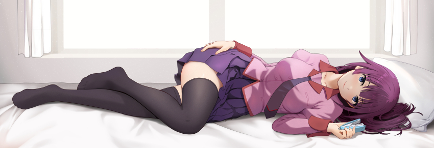 1girl, absurdres, bakemonogatari, bed, black_thighhighs, blue_eyes, breasts, full_body