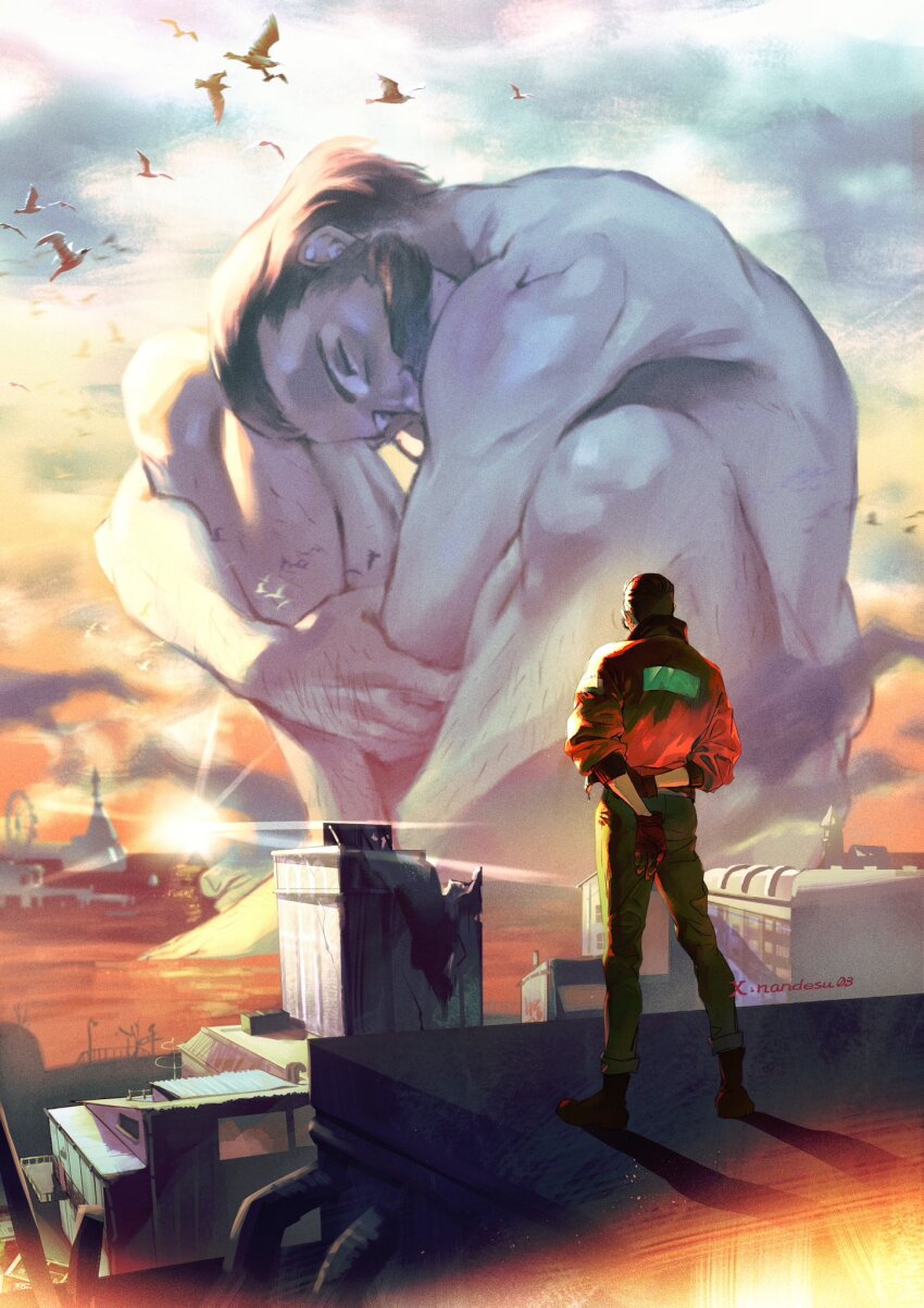 2boys, arms_behind_back, bird, black_gloves, brown_hair, building, closed_eyes, cloud