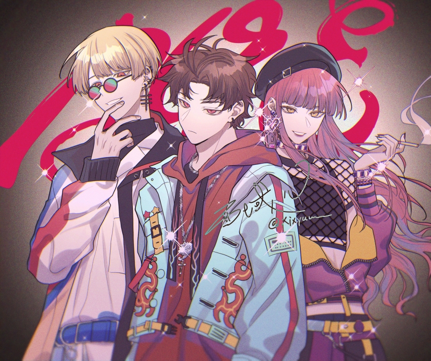 1girl, 2boys, anne_faulkner, bae_(paradox_live), belt, beret, blonde_hair, blue_jacket