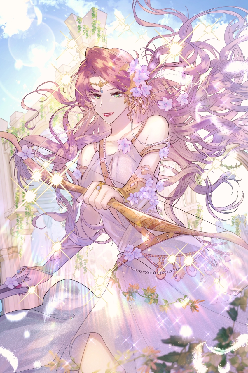 1girl, absurdres, bare_shoulders, blue_sky, bow_(weapon), cloud, day, dream_mansion