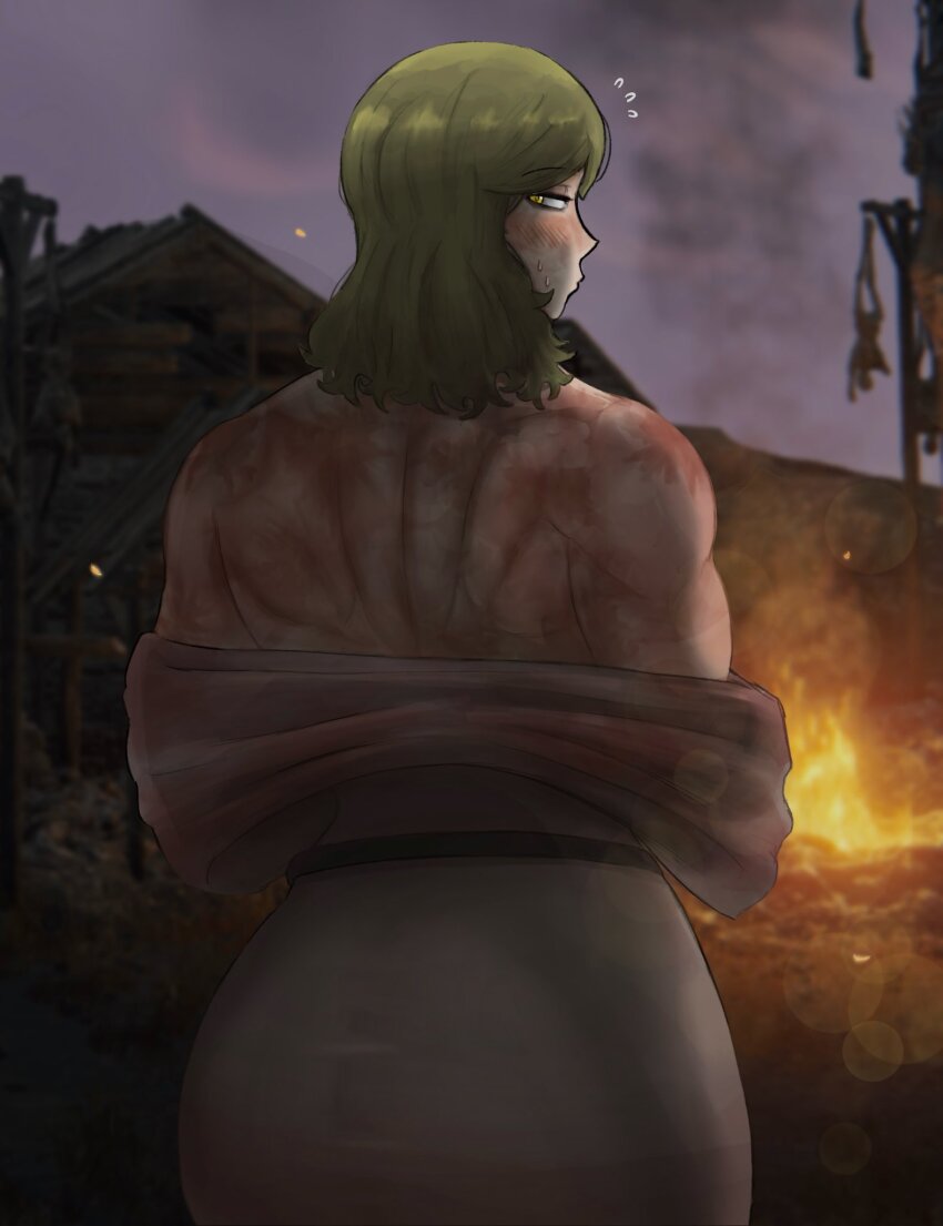 1girl, anastasia_tarnished-eater, ass, back, biceps, blonde_hair, blood, blood_on_clothes