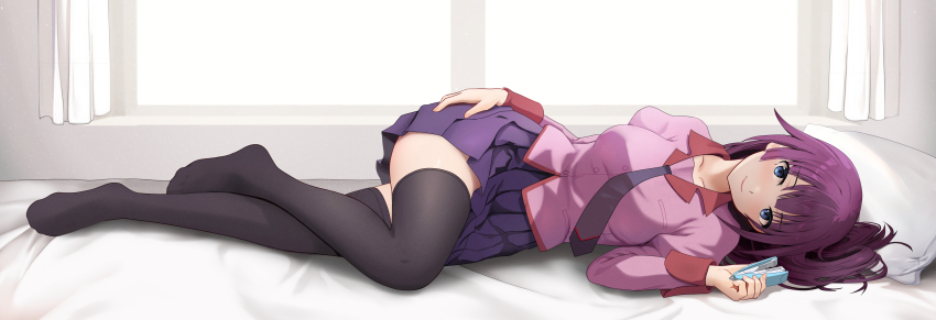 1girl, absurdres, bakemonogatari, bed, black_thighhighs, blue_eyes, breasts, full_body, gibun_(sozoshu), hand_on_own_hip, highres, holding_stapler, long_hair, looking_at_viewer, lying, medium_breasts, miniskirt, monogatari_(series), naoetsu_high_school_uniform, necktie, no_shoes, on_bed, on_side, pillow, pink_shirt, pleated_skirt, purple_hair, purple_necktie, purple_skirt, revision, school_uniform, senjougahara_hitagi, serafuku, shirt, skirt, solo, stapler, thighhighs, window, zettai_ryouiki