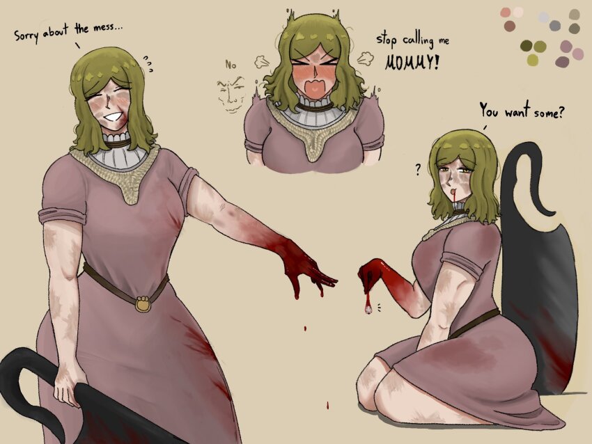 >:(, 1girl, anastasia_tarnished-eater, angry, biceps, blonde_hair, blood, blood_on_clothes