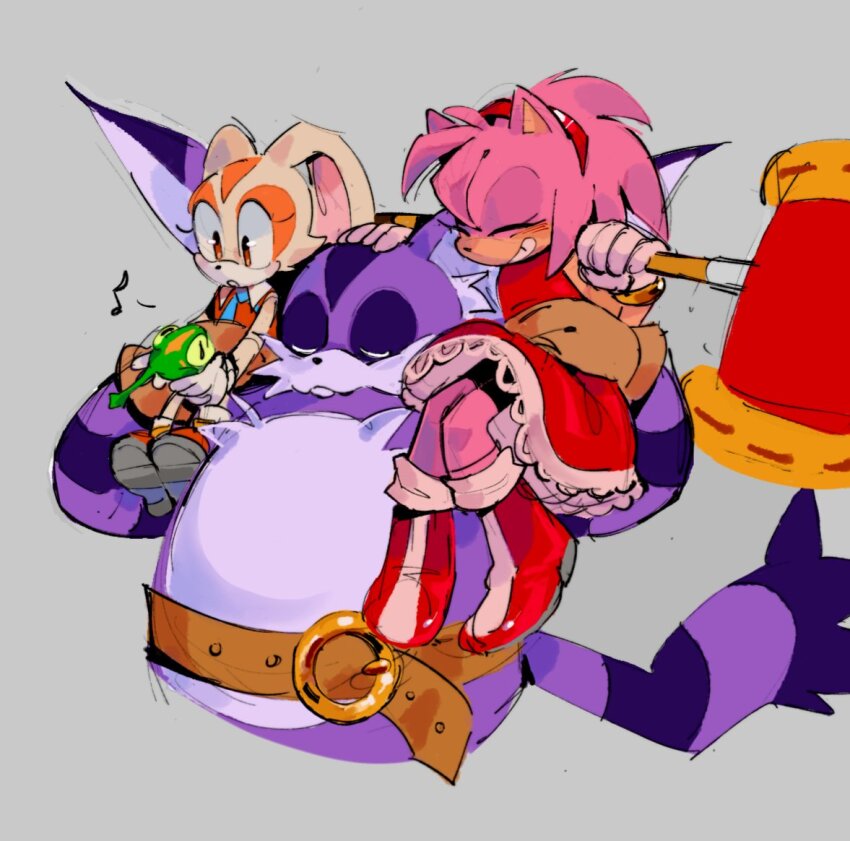 1boy, 2girls, amy_rose, animal_ears, belt, big_the_cat, boots, carrying, carrying_person, cat_boy, cat_ears, cat_tail, child, closed_eyes, commentary, cream_the_rabbit, dress, english_commentary, frog, froggy_(sonic), furry, furry_female, furry_male, grey_background, grin, hairband, hammer, hedgehog_girl, holding, holding_hammer, multiple_girls, orange_dress, pink_fur, pink_hair, purple_fur, rabbit_ears, rabbit_girl, red_boots, red_dress, red_hairband, short_hair, simple_background, sitting, smile, sonic_(series), tail, team_rose_(sonic), thetheesauce, yellow_fur