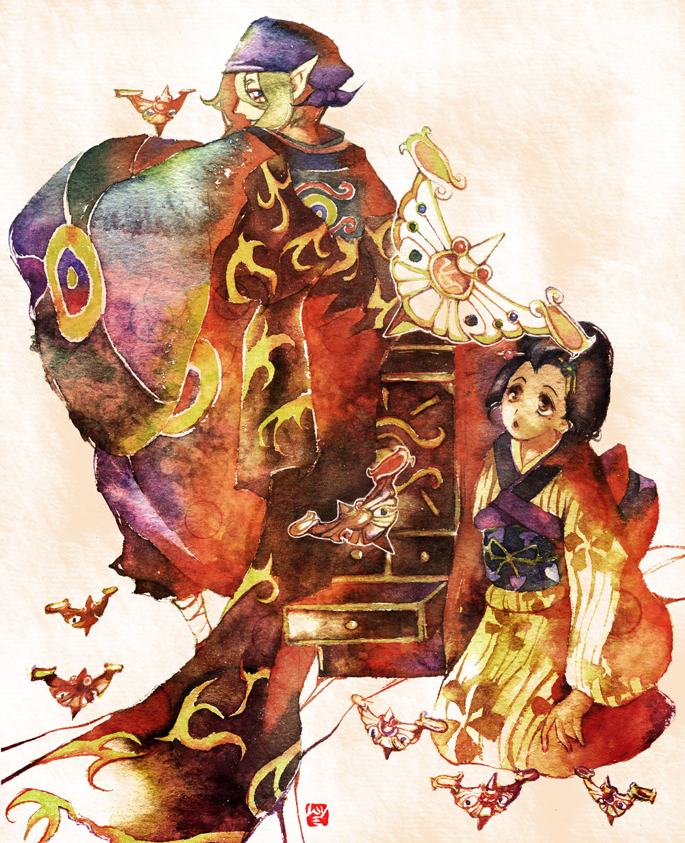 1boy, 1girl, bandana, blonde_hair, box, brown_hair, highres, japanese_clothes