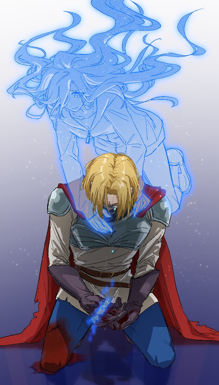 1boy, 1girl, armor, beaver_(40750654), black_gloves, blonde_hair, blood, blood_on_clothes, cape, crying, ghost, gloves, hair_over_one_eye, highres, hirose_natsuko, jpeg_artifacts, kneeling, long_hair, luke_braveheart, red_cape, sitting, torn_cape, torn_clothes, very_long_hair, zenshuu