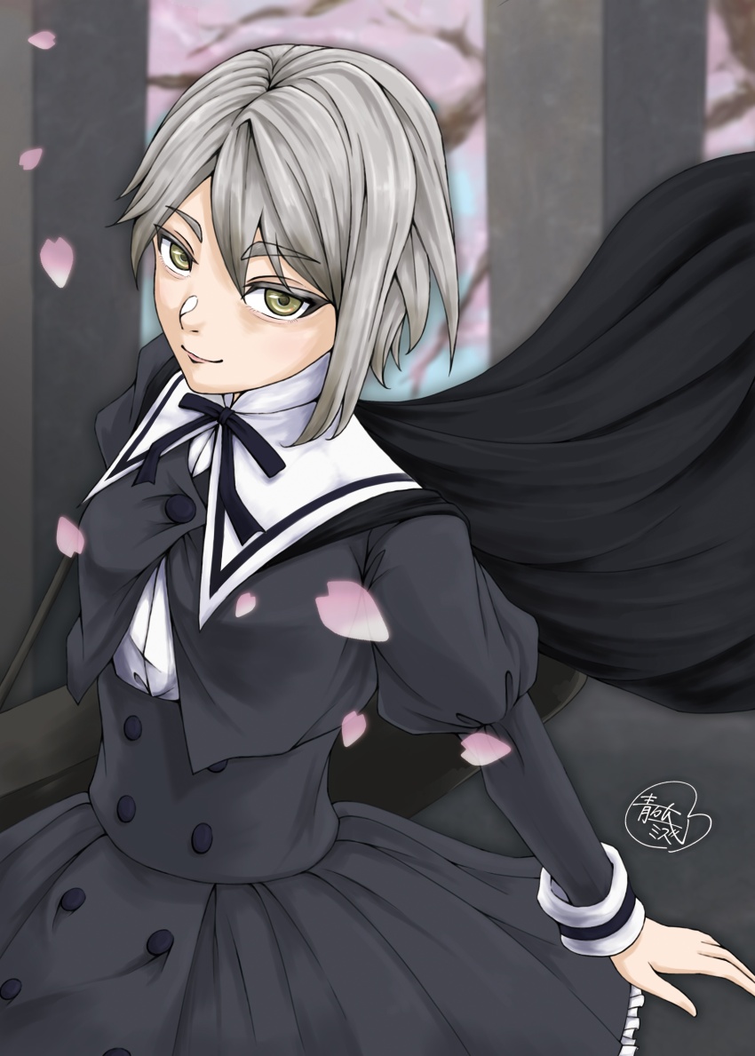 1girl, absurdres, aoto_mizu, artist_name, assault_lily, black_cape, black_ribbon, black_skirt