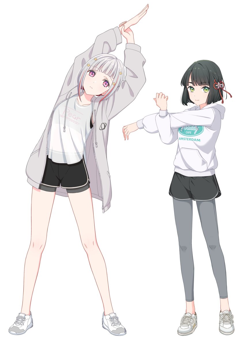 2girls, absurdres, arms_up, bike_shorts, bike_shorts_under_shorts, black_hair, black_shorts, black_sports_bra