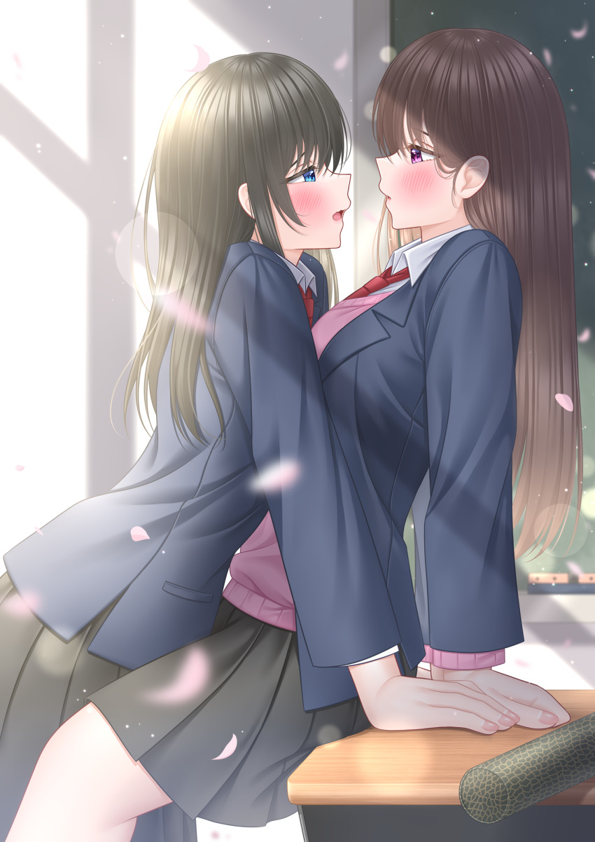 2girls, between_legs, black_jacket, black_skirt, blue_eyes, blush, brown_hair, chalkboard