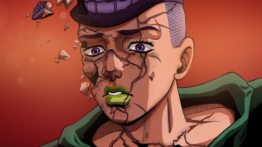 1boy, absurdres, anime_coloring, araki_hirohiko_(style), cracked_skin, crushed, green_lips, green_shirt