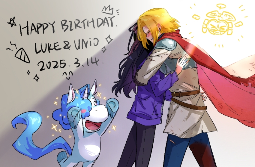 1girl, 2boys, :d, armor, beaver_(40750654), belt, black_hair, black_pants