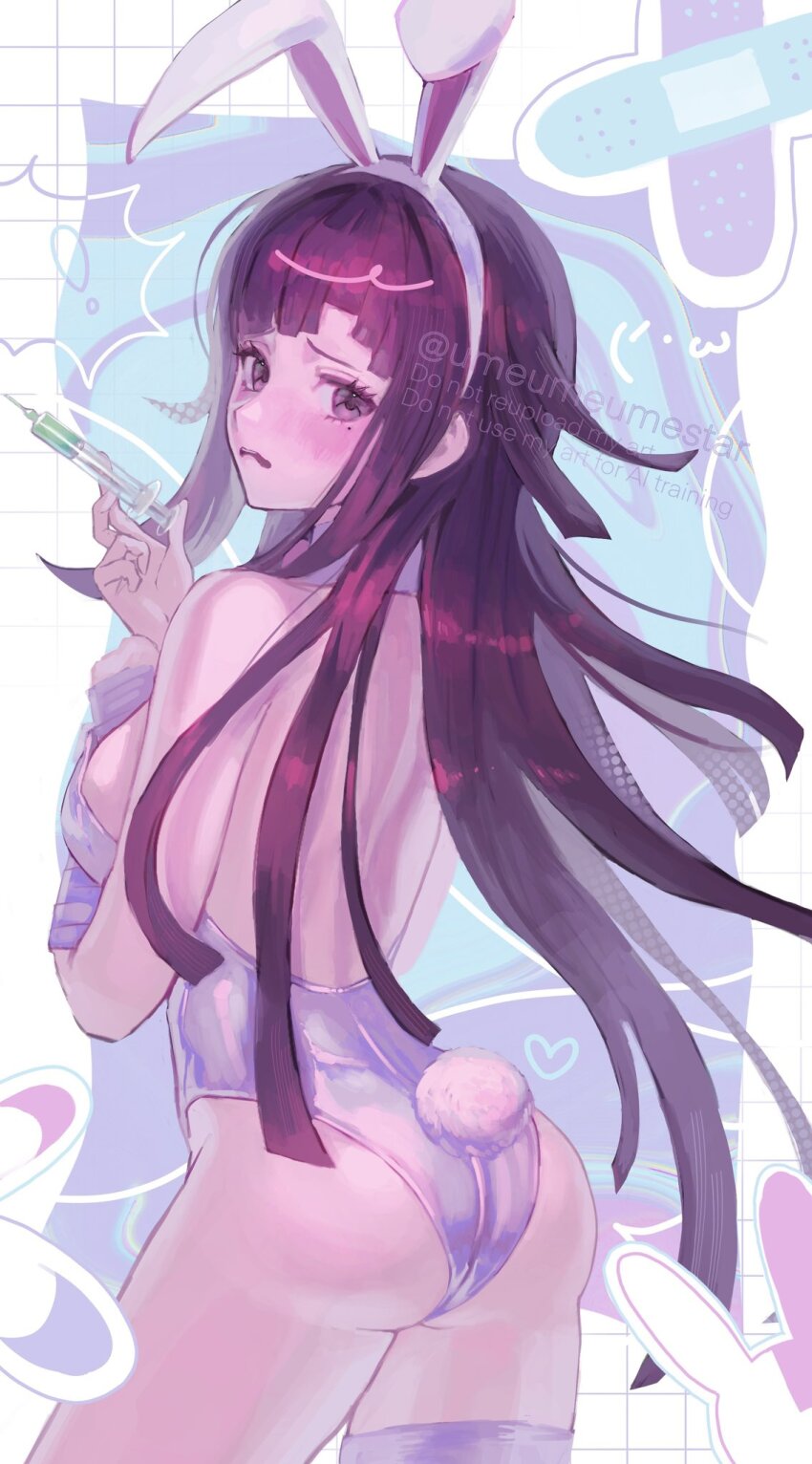 1girl, animal_ears, ass, bandaid, bare_shoulders, blush, breasts, d: