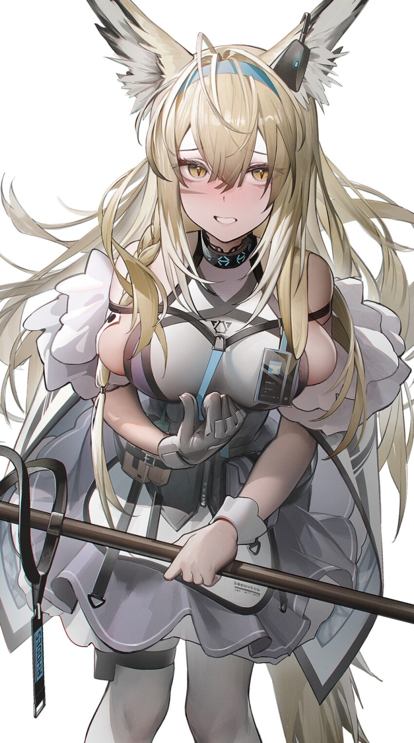 1girl, animal_ears, arknights, bare_shoulders, black_gloves, blonde_hair, blue_hairband, blush
