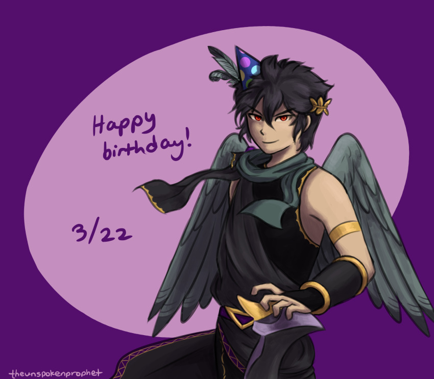1boy, angel, angel_wings, dark_pit, dark_pit_staff_(kid_icarus), feathers, happy_birthday, hat
