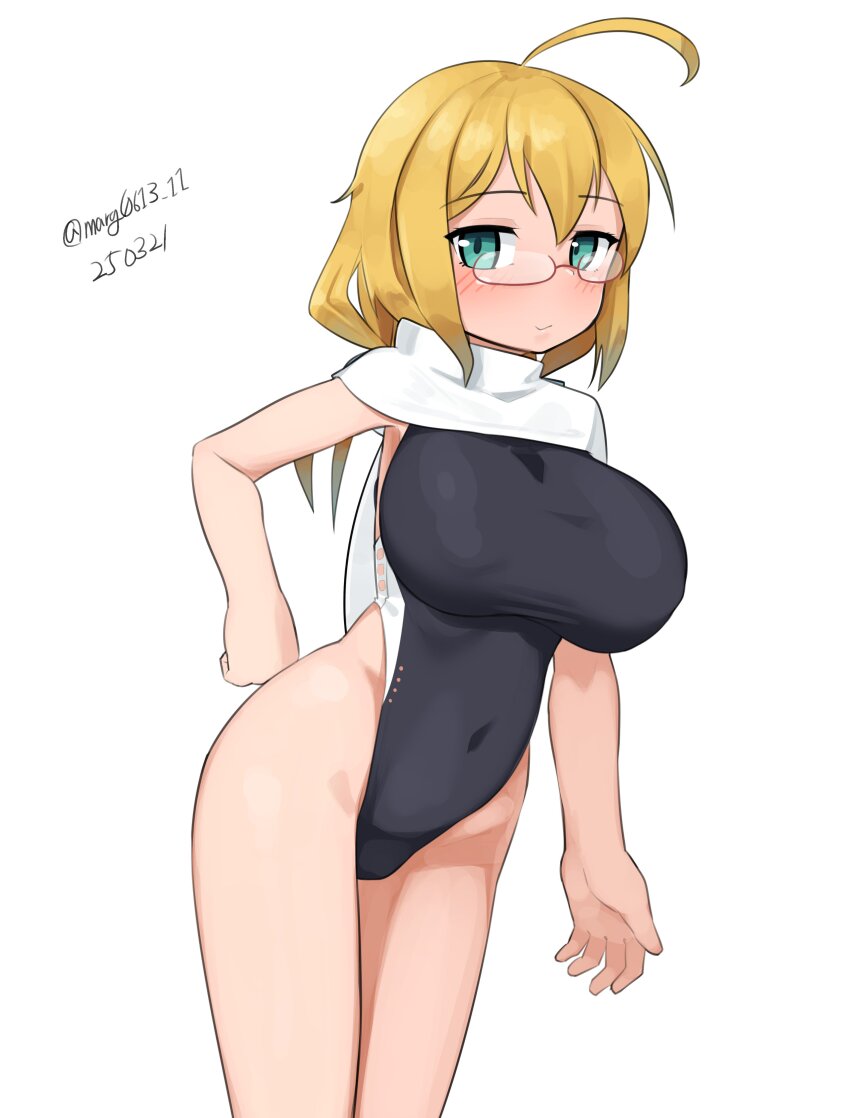 1girl, absurdres, ahoge, black_one-piece_swimsuit, blonde_hair, breasts, cosplay, covered_navel