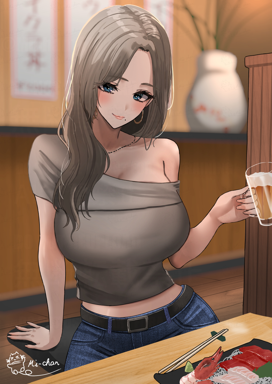 1girl, alcohol, beer_mug, belt, blue_eyes, blurry, blurry_background, blush, breasts, brown_hair, chopsticks, cup, cushion, denim, earrings, food, glass_mug, grey_shirt, hair_over_shoulder, hanging_scroll, highres, holding, holding_cup, hoop_earrings, indoors, jewelry, large_breasts, looking_at_viewer, michan127neko, mole, mole_under_mouth, mug, necklace, off-shoulder_shirt, off_shoulder, original, scroll, shirt, short_sleeves, single_bare_shoulder, sitting, smile, sushi, vase