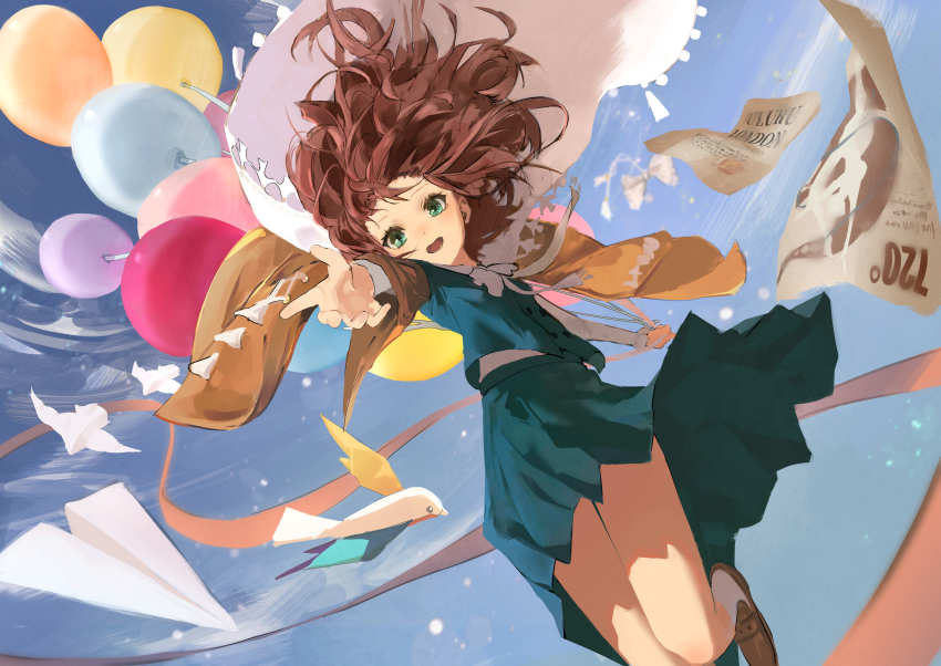 1girl, :d, absurdres, amamiyadagashi, balloon, bird, blue_eyes, blue_skirt