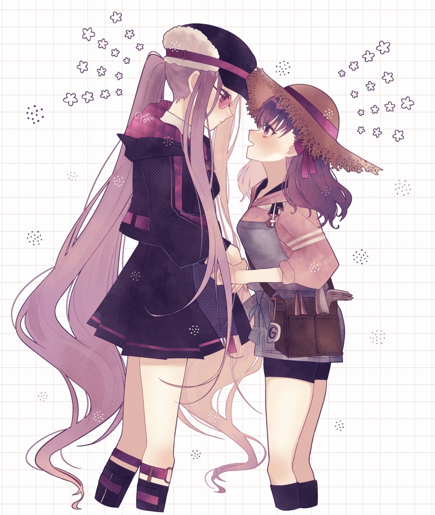 2girls, absurdres, bike_shorts, black_bike_shorts, black_dress, black_hat, black_jacket, black_socks