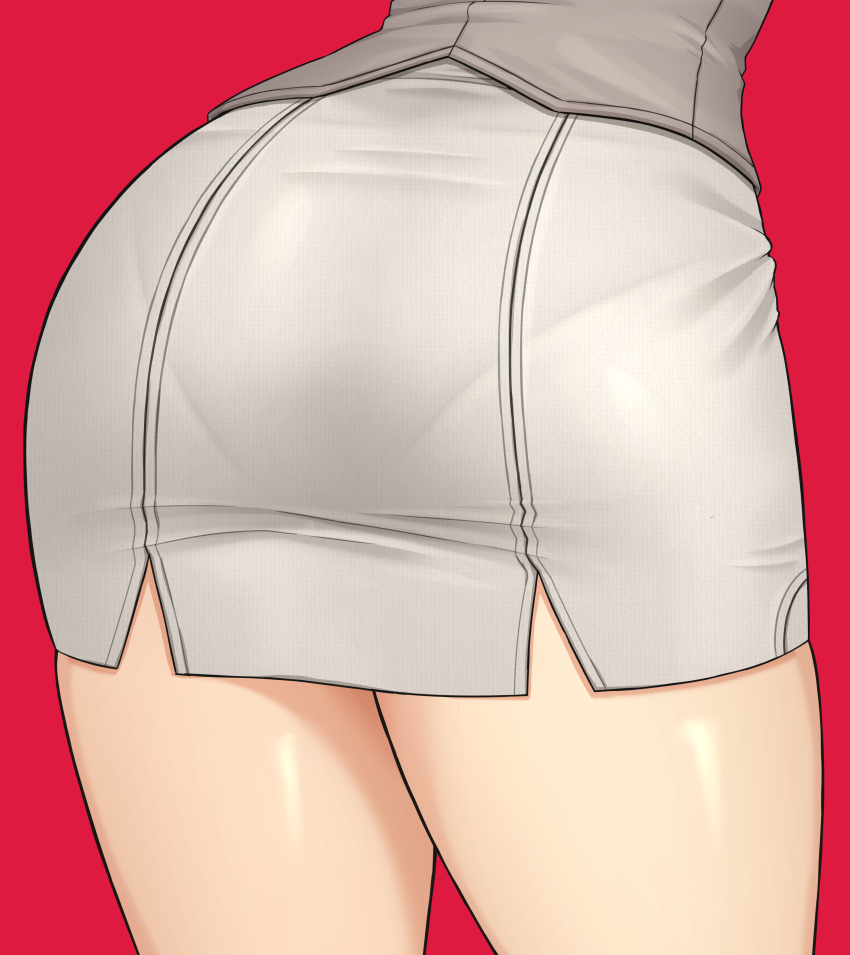 1girl, absurdres, ass, atelier_(series), atelier_yumia, close-up, commentary, corset, english_commentary, grey_corset, highres, lower_body, miniskirt, pantylines, red_background, ryusei_(coupling_maker), simple_background, skirt, solo, thighs, white_skirt, yumia_liessfeldt