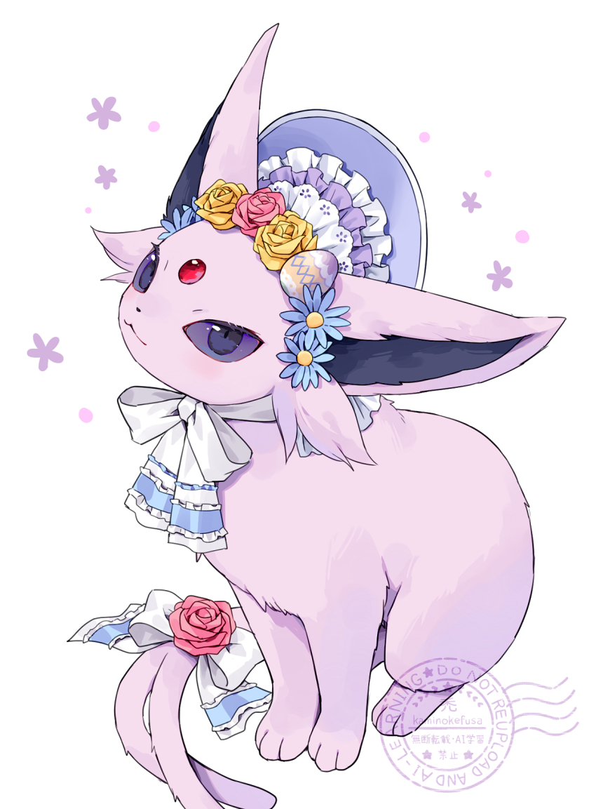 blue_flower, bonnet, bow, brooch, closed_mouth, colored_sclera, easter_egg, egg