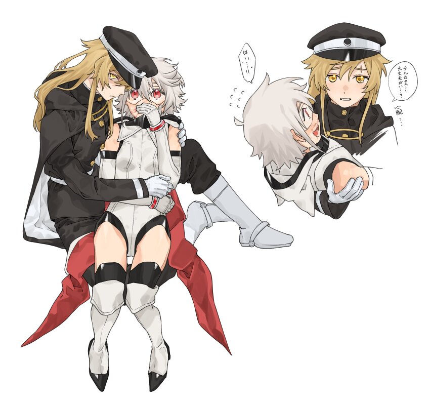 2girls, black_cloak, black_dress, black_hat, blonde_hair, blood, blood_on_face, boots