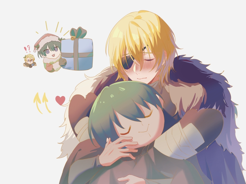 !?, 2boys, :>, absurdres, arrow_(symbol), biaoqingfuhao, black_cape, black_fur, blonde_hair, blush, box, cape, character_doll, chinese_commentary, closed_eyes, closed_mouth, commentary_request, dimitri_alexandre_blaiddyd, dimitri_alexandre_blaiddyd_(timeskip), doll, eyepatch, fire_emblem, fire_emblem:_three_houses, gift, gift_box, green_hair, hair_between_eyes, hair_ornament, hat, heart, highres, holding, holding_box, holding_gift, holly_hair_ornament, hug, male_byleth_(fire_emblem), multiple_boys, multiple_views, nintendo, one_eye_covered, open_mouth, santa_costume, santa_hat, short_hair, simple_background, triangle_mouth, u_u, white_background, white_fur, yaoi