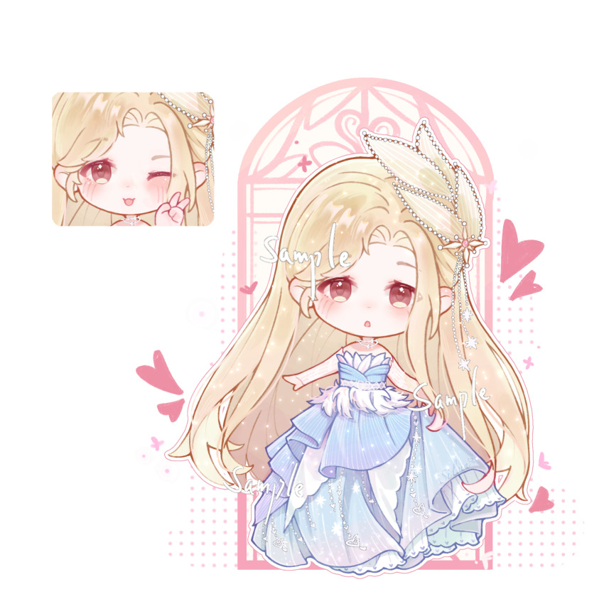 1girl, :o, ayayayai, bare_shoulders, beads, blonde_hair, blue_dress, bridal_gauntlets