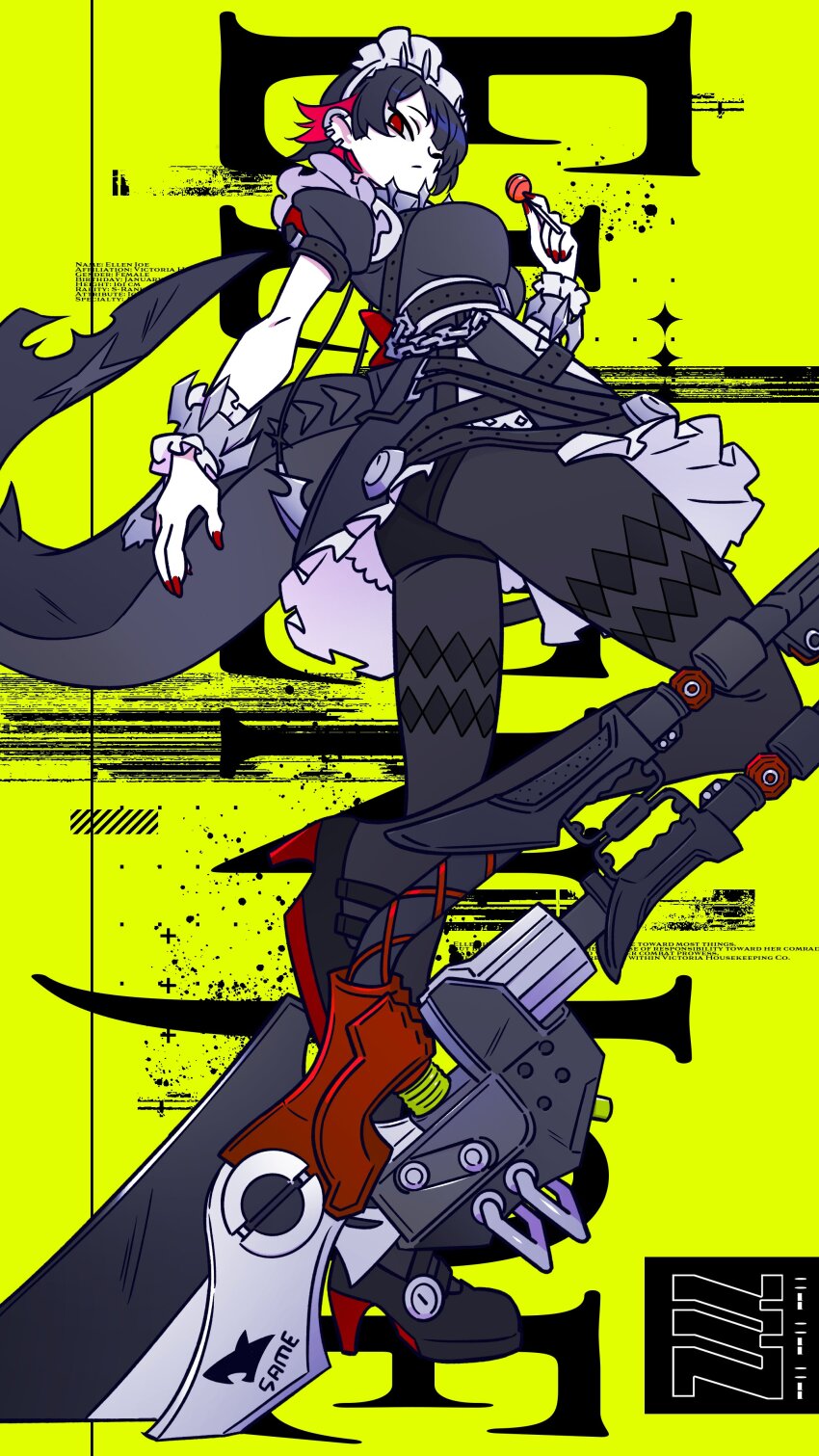 1girl, absurdres, apron, black_hair, black_pantyhose, candy, ellen_joe, fins