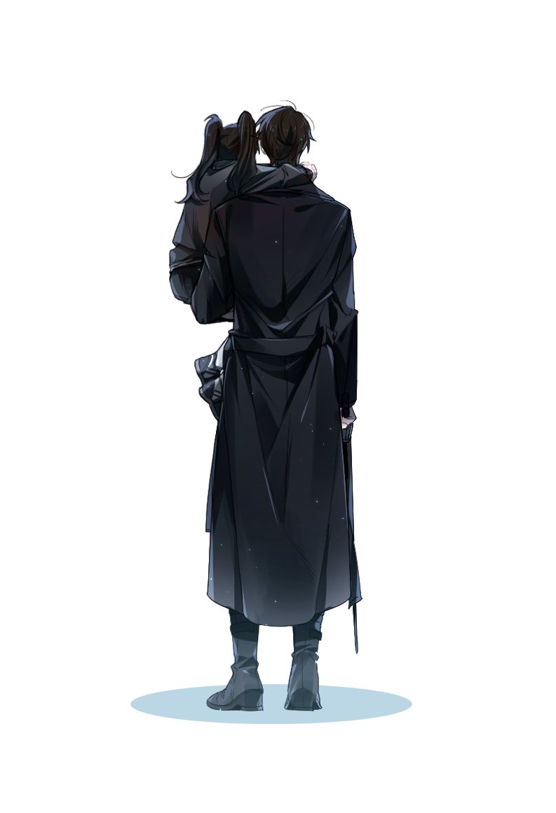 1boy, 1girl, black_coat, black_hair, black_pants, black_shoes, brother_and_sister, carrying