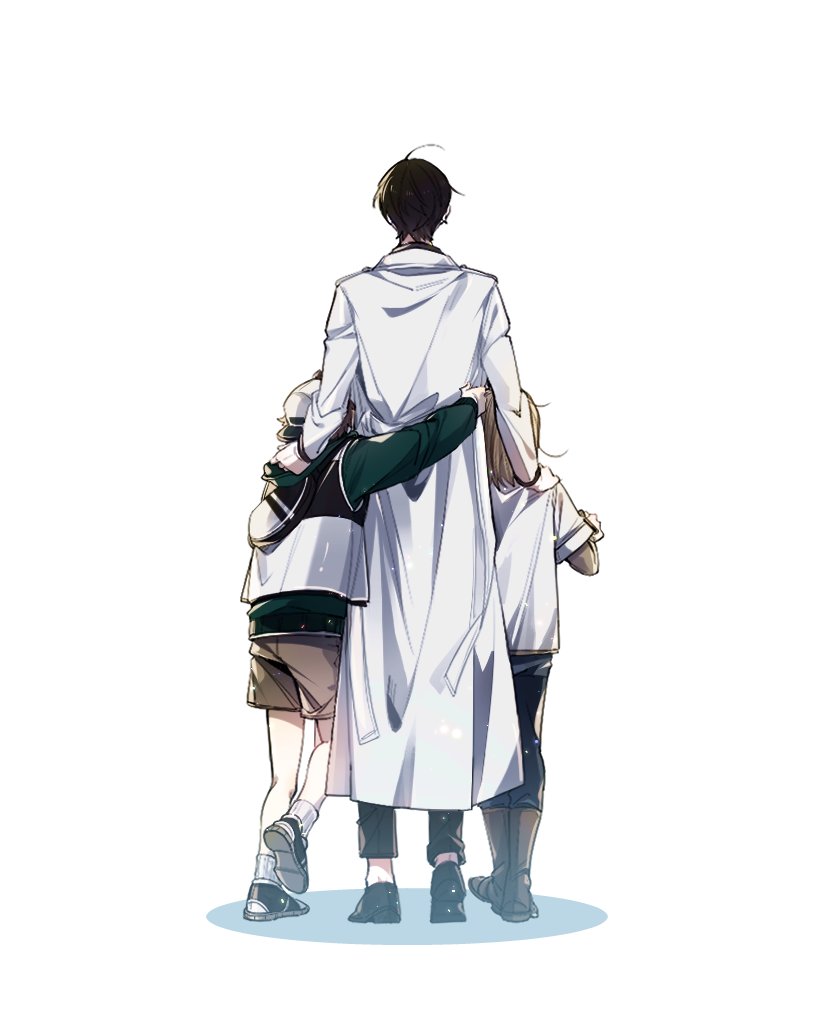 1girl, 2boys, arm_around_another's_waist, black_hair, black_pants, black_shoes, blonde_hair, boots, brown_boots, brown_hair, brown_shorts, child, coat, commentary_request, from_behind, full_body, hand_on_another's_shoulder, kim_dokja, korean_commentary, lee_gilyoung, mion_44, multiple_boys, omniscient_reader's_viewpoint, pants, shin_yoosung, shoes, short_hair, shorts, white_background, white_coat