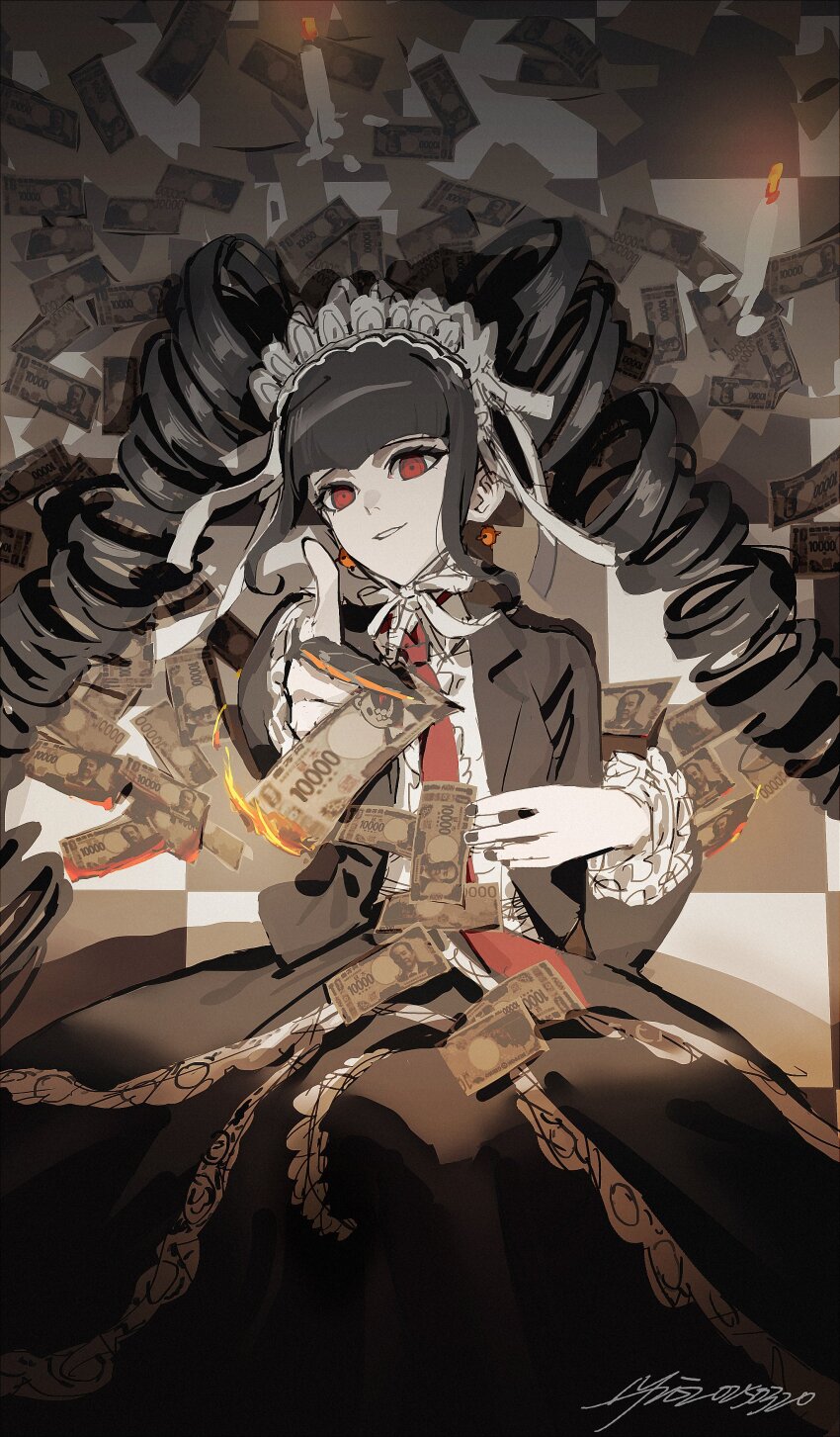 1girl, absurdres, banknote, black_hair, black_jacket, black_nails, black_skirt, blazer