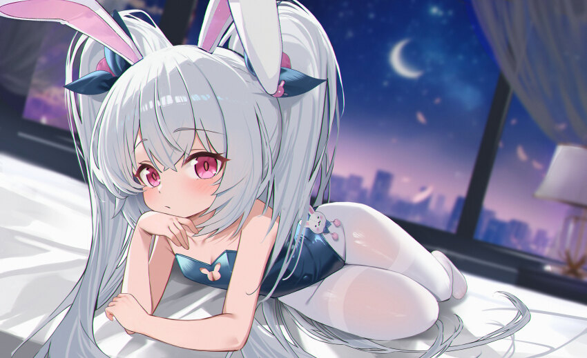 1girl, absurdres, akipopopopoon, animal_ears, azur_lane, bare_shoulders, bed, blue_leotard, blush, breasts, cleavage, crescent_moon, fake_animal_ears, hand_to_own_mouth, highleg, highleg_leotard, highres, indoors, laffey_(azur_lane), laffey_ii_(azur_lane), laffey_ii_(sleepy_on_a_busy_day)_(azur_lane), leotard, loli, long_hair, looking_at_viewer, lying, moon, night, no_shoes, official_alternate_costume, on_side, pantyhose, playboy_bunny, rabbit_ears, red_eyes, ribbon, sky, small_breasts, solo, strapless, strapless_leotard, thighhighs, thighs, twintails, very_long_hair, white_hair, white_pantyhose, window