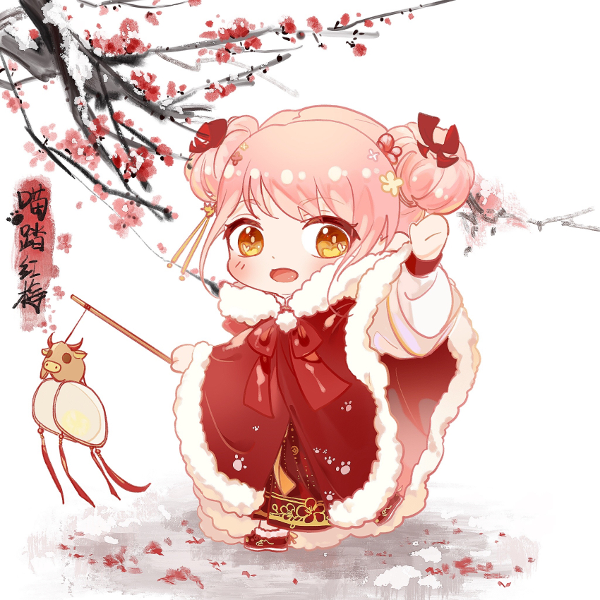 1girl, aged_down, arm_up, bow, branch, bright_pupils, brown_eyes, chibi, child, chinese_clothes, chinese_commentary, chinese_new_year, chinese_text, chinese_zodiac, cloak, commentary_request, confeitoo, dot_nose, double_bun, eyelashes, falling_petals, flower, flower_in_eye, flower_knot, fur-trimmed_cloak, fur-trimmed_hood, fur-trimmed_shoes, fur_trim, hair_bow, hair_bun, hair_flower, hair_ornament, hair_ribbon, hand_up, hanfu, happy, highres, holding, holding_lantern, hood, hood_down, hooded_cloak, lantern, light_blush, long_sleeves, looking_at_viewer, nikki_(nikki), nikki_(series), open_mouth, paper_lantern, petals, pink_flower, pink_hair, plum_blossoms, puffy_long_sleeves, puffy_sleeves, qixie, red_bow, red_cloak, red_flower, red_hanfu, red_ribbon, red_shoes, ribbon, shadow, shining_nikki, shoes, short_hair, smile, snow, solo, symbol_in_eye, translation_request, updo, white_flower, white_pupils, white_sleeves, winter, year_of_the_ox, yellow_flower