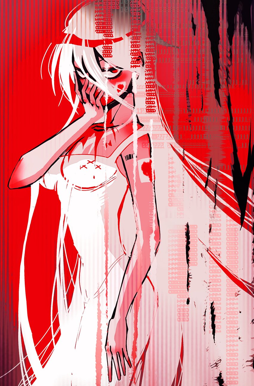 1girl, absurdres, ariane_yeong, bandaid, bandaid_on_arm, bandaid_on_cheek, bandaid_on_face, barcode, barcode_tattoo, bare_arms, blood, blood_on_clothes, blood_on_face, blood_on_hands, covered_mouth, dress, from_side, hand_on_own_face, highres, long_hair, looking_at_viewer, pumpkinsynth, red_background, red_eyes, red_theme, signalis, sleeveless, sleeveless_dress, solo, standing, tattoo, white_dress, white_hair