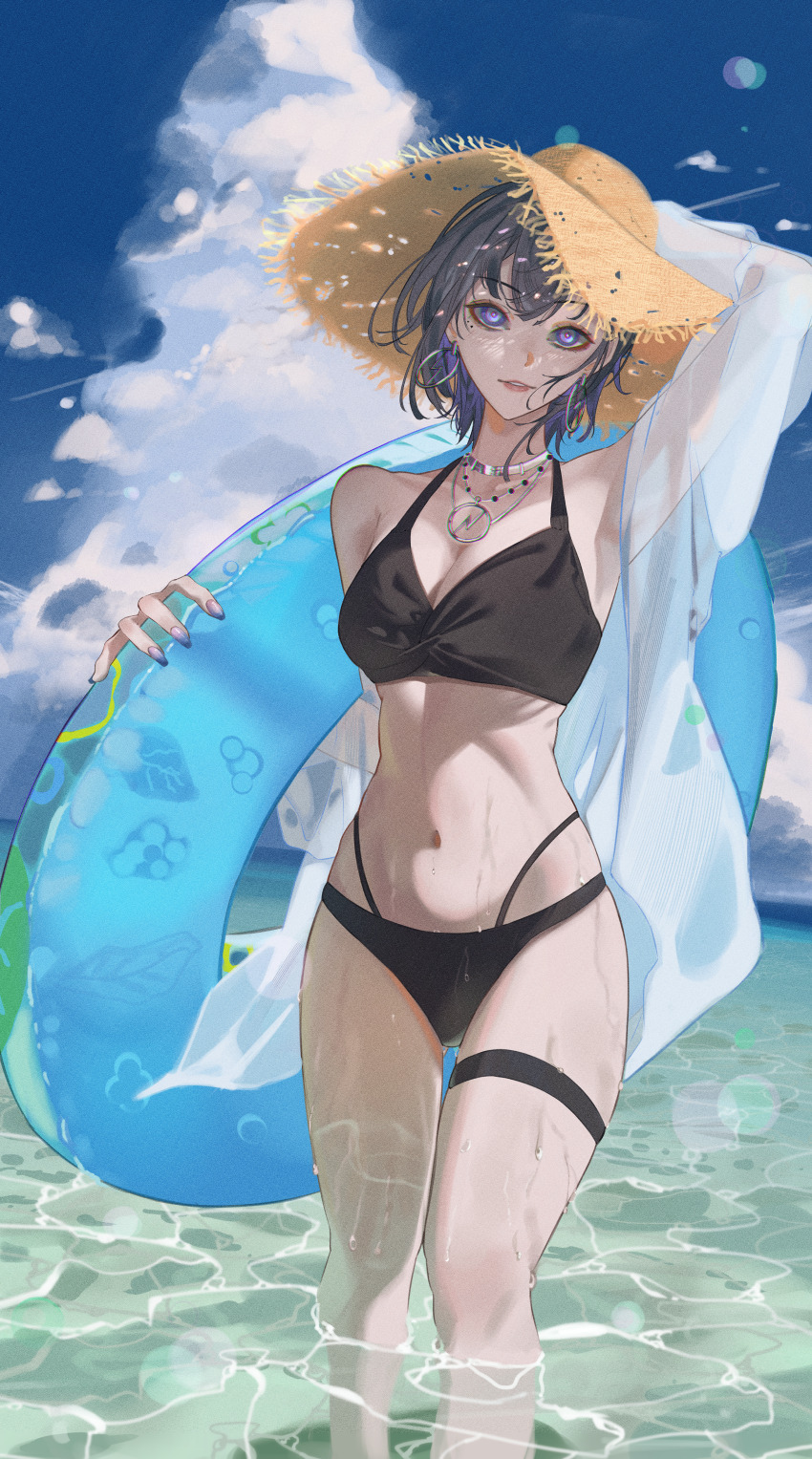 1girl, absurdres, adjusting_clothes, adjusting_headwear, alternate_costume, armpits, bikini, black_bikini