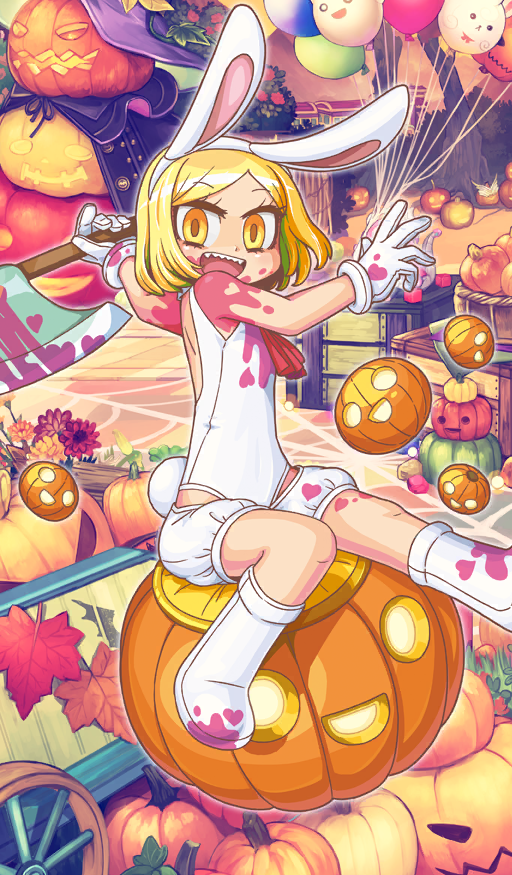 1girl, animal_costume, animal_ears, axe, balloon, bare_arms, blonde_hair, boots