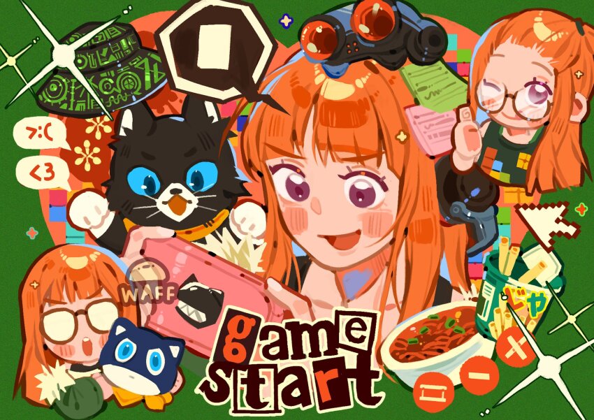 0waff537, 1girl, ;q, animal, animal_collar, bangs_pinned_back, bare_shoulders, black_tank_top, blue_eyes, blue_sclera, blunt_bangs, blush_stickers, border, bowl, brown-framed_eyewear, cat, chibi, closed_mouth, collar, collarbone, colored_sclera, commentary, cropped_torso, cursor, emoticon, food, forehead, fur-trimmed_jacket, fur_trim, glasses, green_border, green_jacket, green_tank_top, hair_tie, handheld_game_console, happy, head-mounted_display, headphones, heart_border, highres, holding, holding_animal, hood, hood_down, hooded_jacket, instant_cup_noodles, instant_noodles, jacket, jagarico, long_hair, looking_at_object, morgana_(cat)_(persona_5), morgana_(persona_5), multiple_views, nintendo_3ds, no_eyewear, noodles, one_eye_closed, opaque_glasses, open_mouth, orange_background, orange_hair, outside_border, paper, persona, persona_5, persona_5_the_royal, playing_games, playing_video_games, purple_eyes, ramen, sakura_futaba, smile, sparkle, speech_bubble, spoken_expression, straight_hair, untranslatable_commentary, tank_top, teeth, tetris, tongue, tongue_out, upper_body, upper_teeth_only, v-shaped_eyebrows, yellow_collar