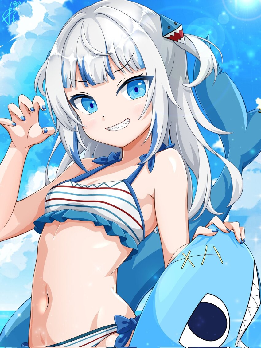 1girl, bikini, blue_eyes, blue_hair, blue_sky, breasts, cloud, frilled_bikini, frills, gawr_gura, grey_hair, grin, hair_ornament, highres, hololive, hololive_english, multicolored_hair, remone, shark_girl, shark_hair_ornament, sky, small_breasts, smile, solo, streaked_hair, striped_bikini, striped_clothes, swimsuit, virtual_youtuber