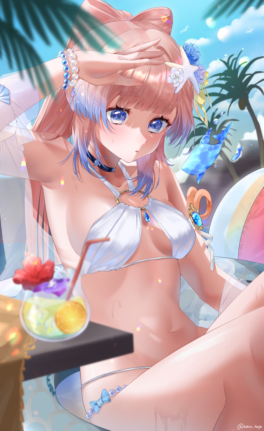 1girl, absurdres, alternate_costume, armpits, ball, beachball, bead_bracelet, beads