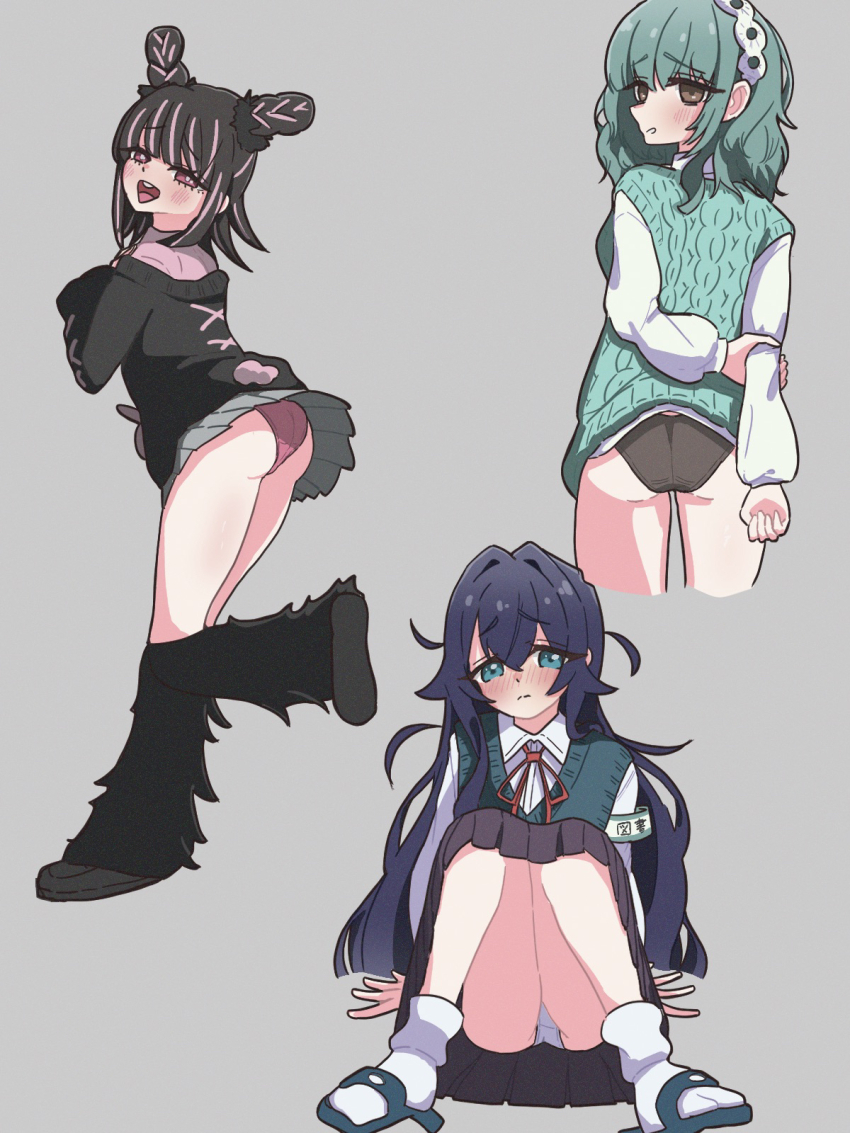3girls, :d, arm_behind_back, armband, ass, black_hair, black_panties, black_skirt, blue_eyes, blue_hair, blunt_bangs, blush, brown_eyes, clothes_lift, commentary_request, cropped_legs, double_bun, embarrassed, green_hair, grey_background, grey_skirt, hair_between_eyes, hair_bun, hair_intakes, highres, kimi_no_koto_ga_dai_dai_dai_dai_daisuki_na_100-nin_no_kanojo, long_hair, long_sleeves, medium_hair, messy_hair, miniskirt, multicolored_hair, multiple_girls, neck_ribbon, nemui_nemu, open_mouth, panties, pink_hair, pink_panties, pizzayanopunch, pleated_skirt, red_eyes, red_ribbon, ribbon, sandals, shirt, simple_background, sitting, skirt, smile, socks, standing, standing_on_one_leg, streaked_hair, sweater_vest, two-tone_hair, underwear, usami_shiina, white_panties, white_shirt, white_socks, wing_collar, yoshimoto_shizuka