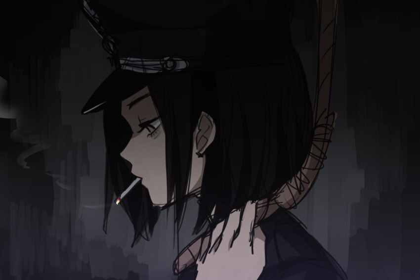 1girl, black_hair, black_jacket, cigarette, collar_tabs, from_side, germany, grey_eyes, hat, holding, holding_rope, imminent_death, imminent_suicide, insignia, jacket, kill-chan, looking_down, military_dress_uniform, military_jacket, military_uniform, narrowed_eyes, nazi, noose, original, peaked_cap, rope, rope_around_neck, saki_(c_ybrbnby), sidelocks, smoke, smoking, waffen-ss, suicide, world_war_ii